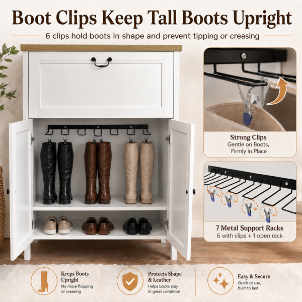 Shoe Cabinet with Flip Drawer, Boot Rack and 6 Boot Clips, Narrow Entryway Shoe Cabinet with Adjustable Shelf, Freestanding Shoe Organizer Cabinet for Entryway, Foyer, 31.5"W x 15.7"D x 45.3"H-White-3