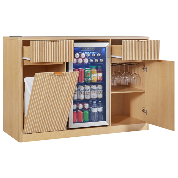 K&K 59" Coffee Bar Cabinet with Fridge Space & Tilt-Out Trash Cabinet, Mini Fridge Wine Cabinet with Storage/Charging Station, Fluted Buffet Sideboard with Glass Holder for Dining Room, Natural Oak-3