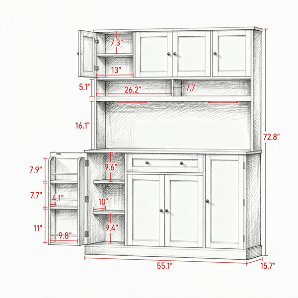 73英寸带充电站的餐具柜，55英寸带微波炉支架的宽厨房餐具柜，白色-4