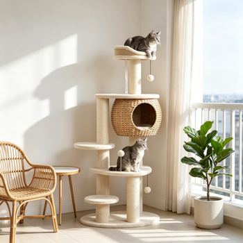 猫树52英寸猫塔，带手工编织的猫尾巴公寓床平台3根抓杆3个玩具球