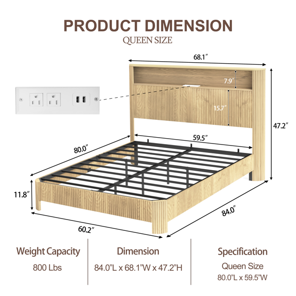 Queen Size bed frame with storage headboard, built-in charging station, wavy curved lines design, silent operation, metal support, Natural-5