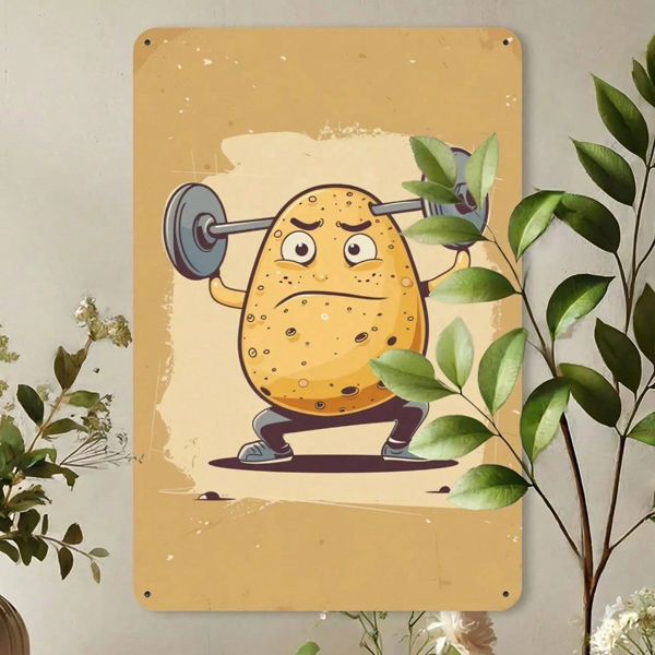 CIFbuy 1个复古卡通土豆举重锡制装饰牌，趣味健身房墙饰 8x12英寸（TikTok, temu 自提物流）-4