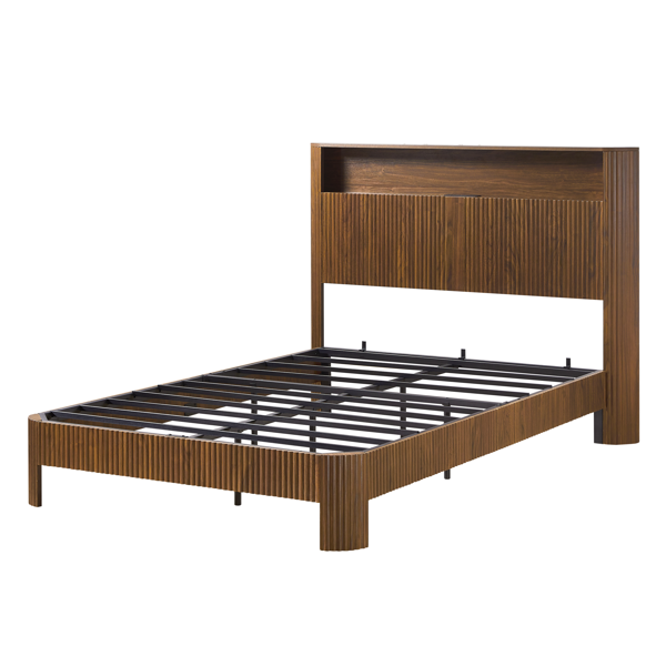 Full Extra Long(Full XL) Size bed frame with storage headboard, built-in charging station, wavy curved lines design, silent operation, metal support, Walnut-6