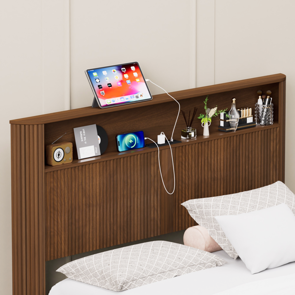 Queen Size bed frame with storage headboard, built-in charging station, wavy curved lines design, silent operation, metal support, Walnut-9