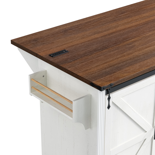 K&K 72" Farmhouse Kitchen Island with Fridge Storage Space & Power Outlet, Rolling Coffee Bar Cabinet on Wheels with 4 Drawers, Sliding Barn Door, Glass Holder, Drop Leaf, Island Kitchen Table, White-10