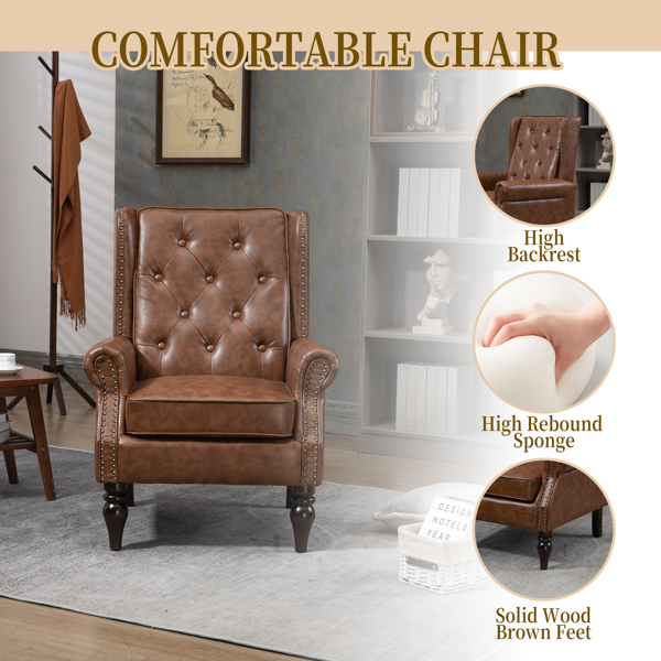 Wood Frame Armchair, Modern Accent Chair Lounge Chair with Sturdy Wood Legs for Living Room Bedroom (Brown PU)-4