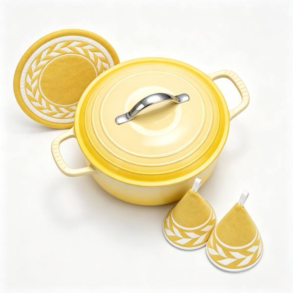 不锈钢手柄 7.5QT 7.1L 圆形 珐琅锅 黄色渐变 含手套 隔热垫-9