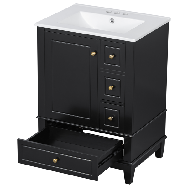 24" Bathroom Vanity with Sink and Drawers, Black Freestanding Vanity Cabinet with Ceramic Top and Storage Shelves, MDF and Solid Wood Base, Modern Sink Cabinet for Small Bathrooms-27
