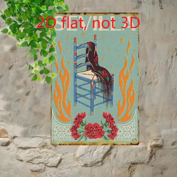 CIFbuy 复古塞维利亚风格艺术铝制铁皮装饰牌，花卉蓝椅图案，20x30厘米（TikTok, temu 自提物流）-2