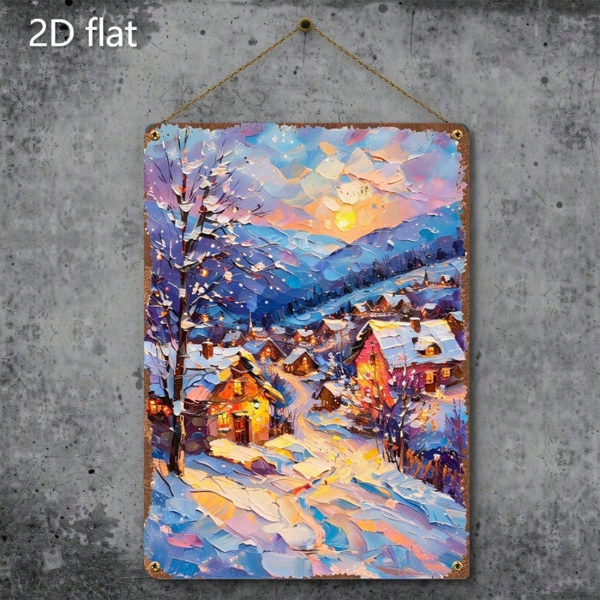 CIFbuy 1件2D平面金属壁饰 冬日村庄雪景，温馨小木屋装饰牌 8x12英寸（TikTok, temu 自提物流）-7