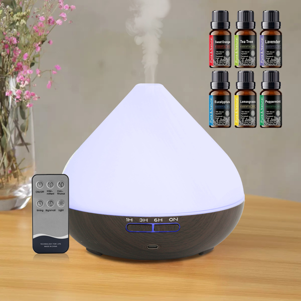 芳香疗法精油扩散器 550ml 12 小时木纹芳香扩散器带定时器冷雾加湿器适用于大房间、家庭、婴儿卧室、无水自动关闭,7 种颜色灯光变化-6