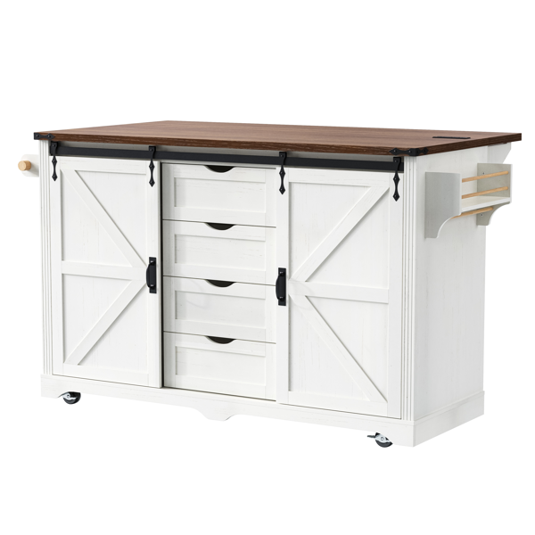 K&K 72" Farmhouse Kitchen Island with Fridge Storage Space & Power Outlet, Rolling Coffee Bar Cabinet on Wheels with 4 Drawers, Sliding Barn Door, Glass Holder, Drop Leaf, Island Kitchen Table, White-34