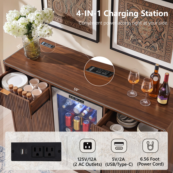 K&K 59" Coffee Bar Cabinet with Fridge Space & Tilt-Out Trash Cabinet, Mini Fridge Wine Cabinet with Storage/Charging Station, Fluted Buffet Sideboard with Glass Holder for Dining Room, Walnut Brown-32