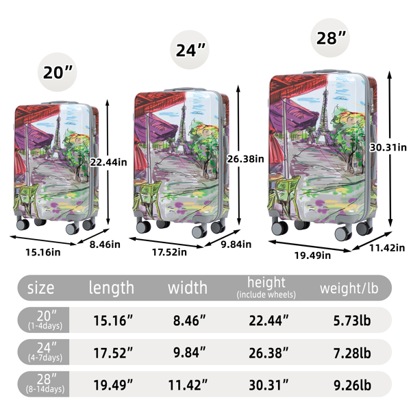 20"/24"/28" 3 pcs/set in PC Spinner Wheel Luggage, Carry on Suitcase, With Printed pattern and Combination Lock (Coffee+Iron Tower)-2