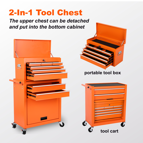 Tool Chest, 8-Drawer Rolling Tool Storage Cabinet with 2 in 1 Detachable Top Tool Box, Liner, Lockable Wheels, Side Hooks, Metal Tool Cart for Garage-3