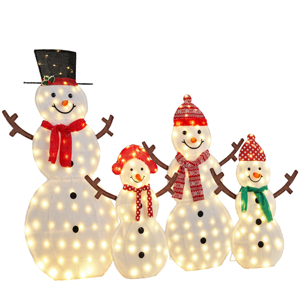 4pcs 5ft 白色 2D雪人一家四口树枝手 蒙布绒布 250灯暖白灯 圣诞灯饰雪人 4.5V 3.6W-12