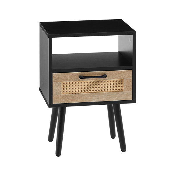 15.75" Rattan End table with  drawer and solid wood legs, Modern nightstand, side table for living room, bedroom, black-7