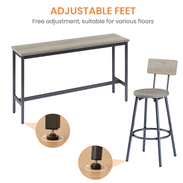 Long Bar Table Set with 3 PU Upholstered Bar Stools, Industrial Bar Table and Chairs for Kitchen Breakfast Table, Living Room, Banquet Hall, Rustic Gray and Black, 63″L x15.7"W x 37.5"H-10