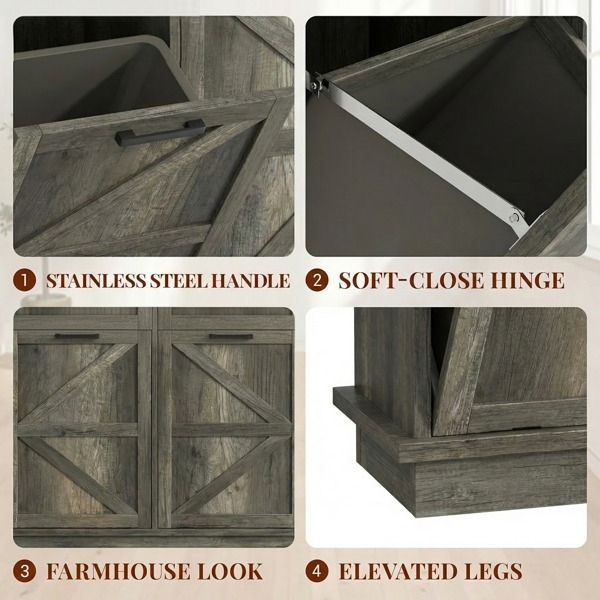 Tilt Out Trash Can Cabinet for Kitchen, Double 10-Gallon Hidden Trash Cabinet with Drawer, Farmhouse Wooden Garbage Cabinet, Dog Proof Trash Can Storage for Kitchen Laundry Living Room Office-6