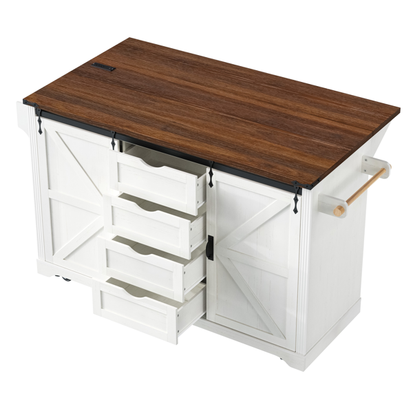 K&K 72" Farmhouse Kitchen Island with Fridge Storage Space & Power Outlet, Rolling Coffee Bar Cabinet on Wheels with 4 Drawers, Sliding Barn Door, Glass Holder, Drop Leaf, Island Kitchen Table, White-5