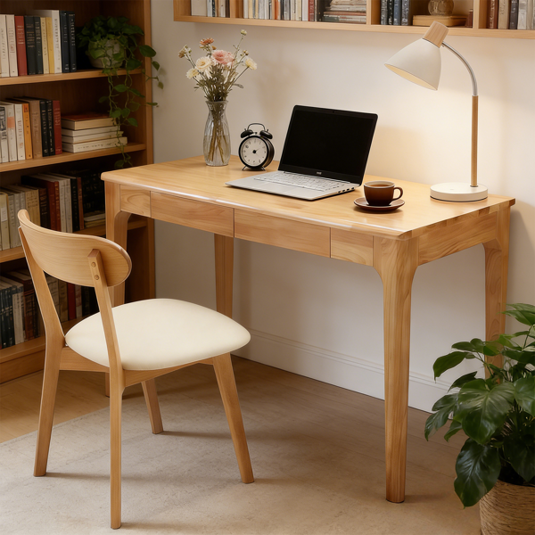 Solid Wood Desk with Drawers, Standing Desk with Smooth Edges, Home Office Desk for Small Spaces, Mid Century Modern Desk for Study, Bedroom, Living Room, Office, (Natural Wood Color)-1