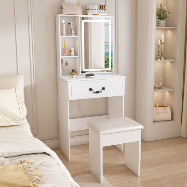 Modern Mini Dressing Table with LED-lit Mirror & Hidden Storage,Includes Padded Stool,Adjustable Brightness Vanity Desk,Multi-tier Dust-proof Shelves,White-2
