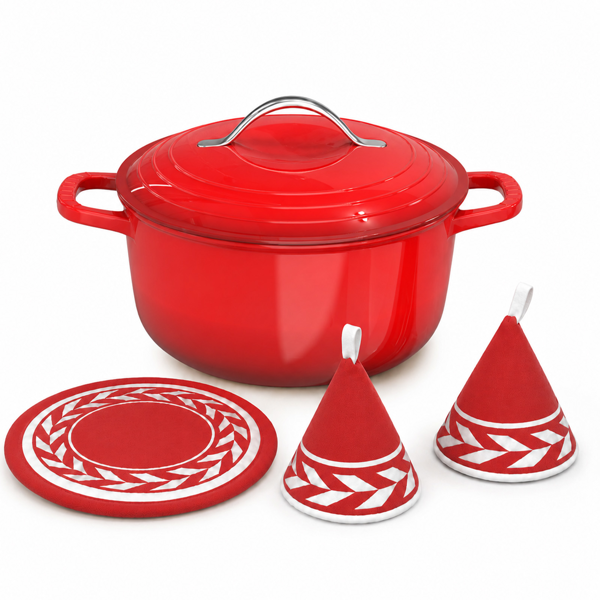 不锈钢手柄 7.5QT 7.1L 圆形 珐琅锅 红色渐变 含手套 隔热垫-1