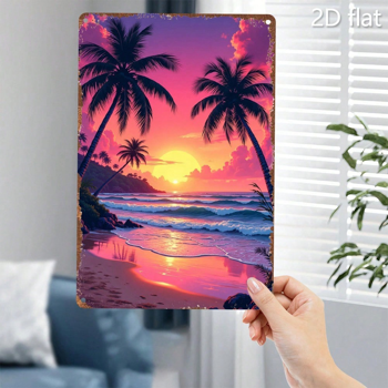 CIFbuy 锡制招牌墙面装饰 2D 平面海滩日落风景，铁艺画 8x12 室内用（TikTok, temu 自提物流）