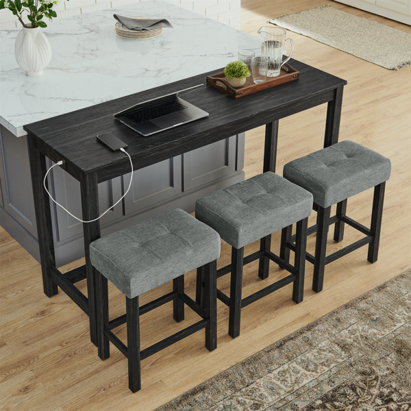 59 Inch Bar Table, Dining Table, Sofa Table with Power Outlet, 3 Upholstered Stools, 4 Piece Bar Table and Chair Set for Living Room, Dining Room, Kitchen-8
