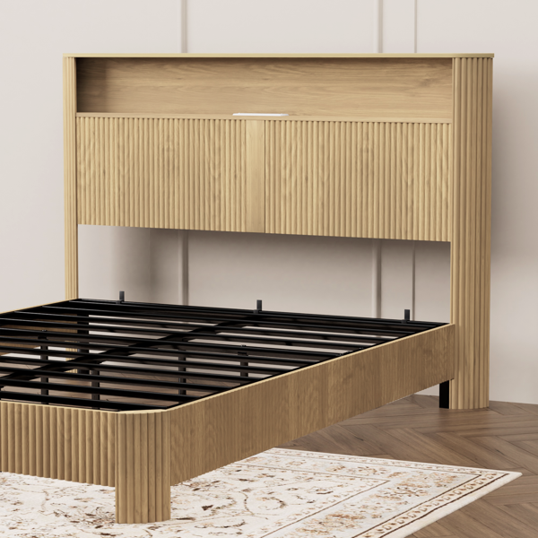 Full Extra Long(Full XL) Size bed frame with storage headboard, built-in charging station, wavy curved lines design, silent operation, metal support, Natural-9
