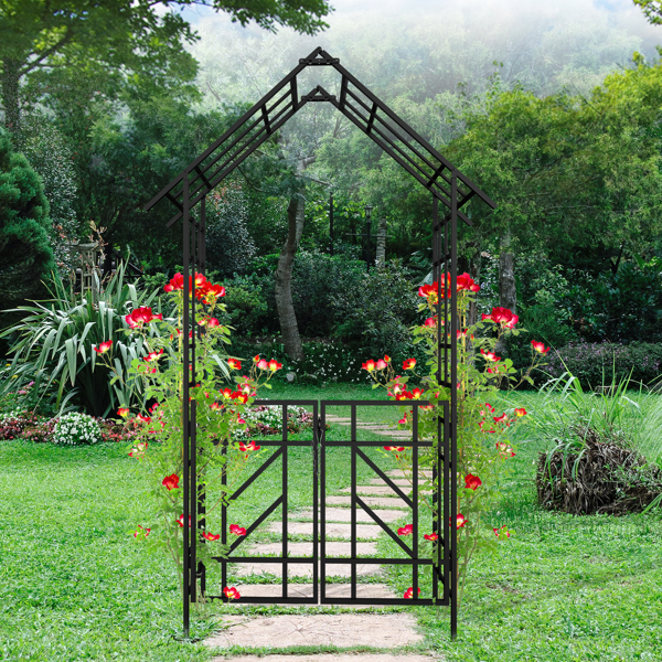 Metal Garden Arch with Gate W58.07*H97.24 Climbing Plants Support Rose Arch Outdoor Black-6