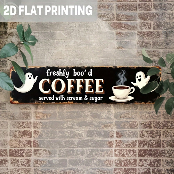 CIFbuy 趣味清新“Boo'd Coffee”金属万圣节装饰牌，幽灵南瓜图案 3.93×15.74英寸（TikTok, temu 自提物流）-3