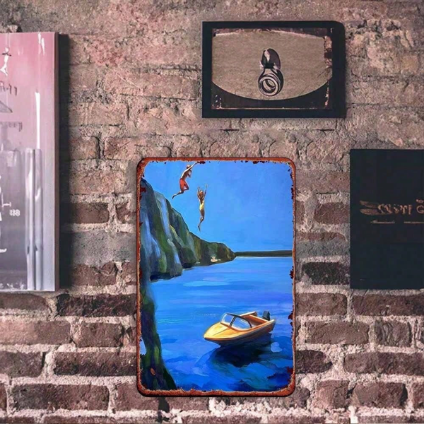 CIFbuy 1件悬崖跳水与小船墙饰，复古航海风画作，8x12英寸装饰品（TikTok, temu 自提物流）-3