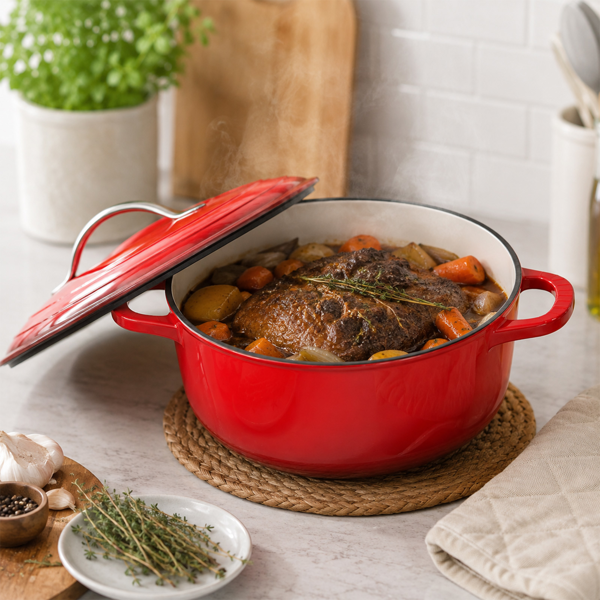 不锈钢手柄 7.5QT 7.1L 圆形 珐琅锅 红色渐变 含手套 隔热垫-3