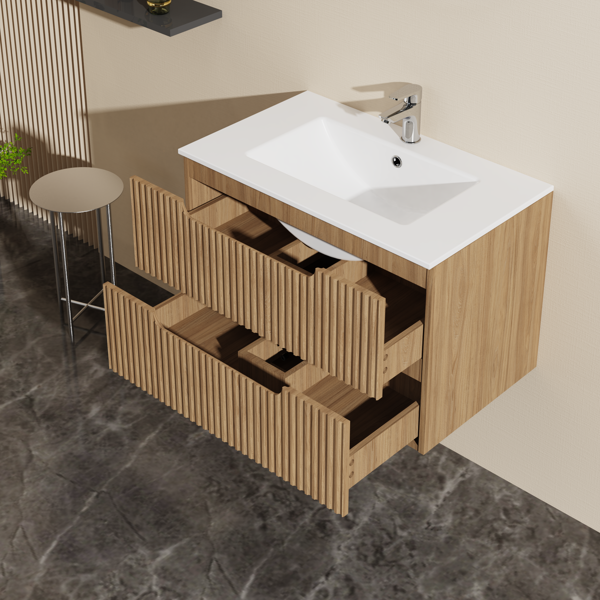 30" Wall Mounted Bathroom Vanity with Sink Floating Bathroom Cabinet Sink Combo, Soft-Close System, 2 Extra Big Drawers, Walnut-6