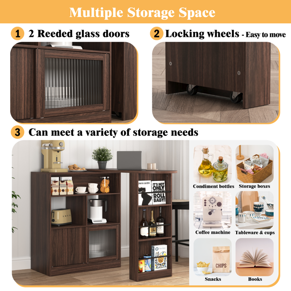 Modern Bar Cabinet with Rotating top, Counter Height Dining Cabinet with 6 Storage space and 2 Ribbed Glass Door for Kitchen, The Rotating Top with 3 Storage Shelves Dining Room, Living Room, Walnut-3