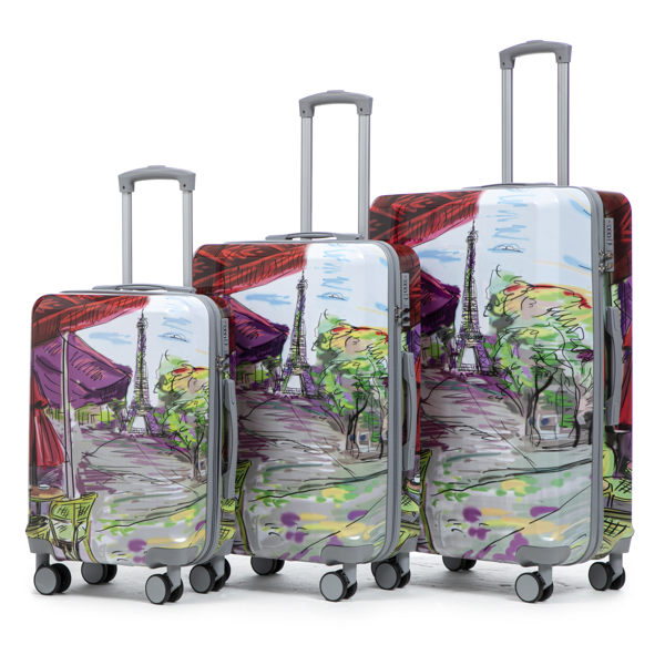 20"/24"/28" 3 pcs/set in PC Spinner Wheel Luggage, Carry on Suitcase, With Printed pattern and Combination Lock (Coffee+Iron Tower)-1