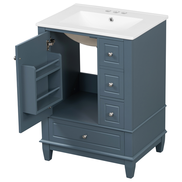 24" Bathroom Vanity with Sink and Drawers, Gray Blue Freestanding Vanity Cabinet with Ceramic Top and Storage Shelves, MDF and Solid Wood Base, Modern Sink Cabinet for Small Bathrooms-21