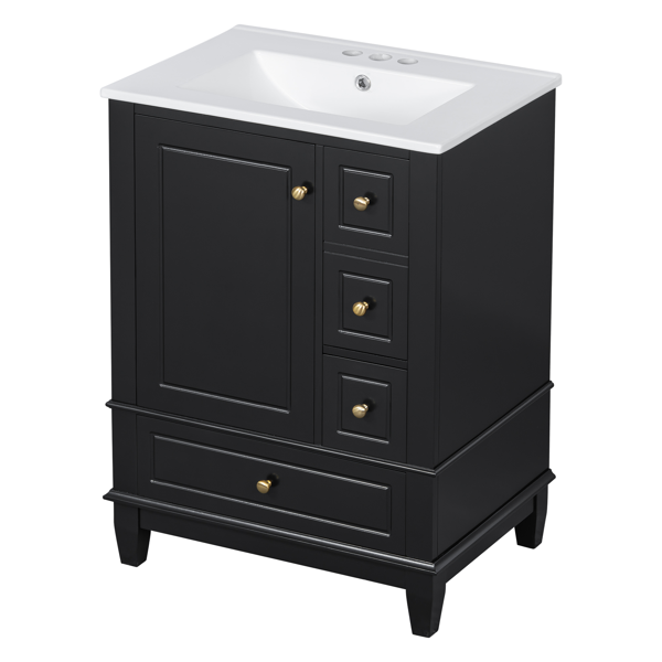24" Bathroom Vanity with Sink and Drawers, Black Freestanding Vanity Cabinet with Ceramic Top and Storage Shelves, MDF and Solid Wood Base, Modern Sink Cabinet for Small Bathrooms-21