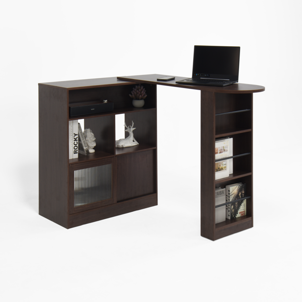 Modern Bar Cabinet with Rotating top, Counter Height Dining Cabinet with 6 Storage space and 2 Ribbed Glass Door for Kitchen, The Rotating Top with 3 Storage Shelves Dining Room, Living Room, Walnut-21