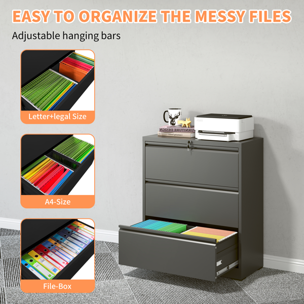 3 Drawer Lateral File Cabinet, 35.4 Inch Wide Metal Filing Cabinet, Locking Heavy Duty File Cabinet for Home Office, Anti-Tip Safety Interlock, Vertical Storage for Letter/Legal/A4 Files, Black-7