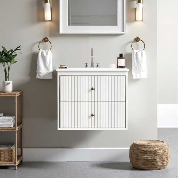 24'' Bathroom Vanity with Sink Set, Floating Bathroom Storage Cabinet with Doors and Drawers, Modern Vanity Sink Cabinet Wall Mount with Painted Surface, White-11