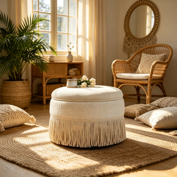 Round Storage Ottoman Bench(Beige), 23.23 Inch Upholstered Footstool with Tassel Fringe, 250 lbs Capacity Circular Storage Foot Rest Stool, Fabric Ottoman for Living Room Bedroom Entryway
