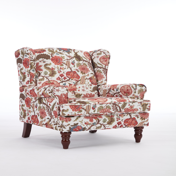 Modern Accent Chair with Retro Wood Legs, Comfy Upholstered Armchair, Floral Design Single Sofa Chair for Living Room Bedroom Office - Floral Red-17