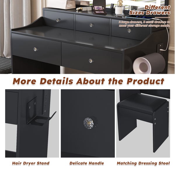 New Large Mirror Vanity Desk for Bed room  , Modern Makeup Vanity Set with Power Outlet and Hair dryer holder, 5 Drawers , 3 Lighting Color Adjustable Dressing Table for Bedroom, Black Color-6