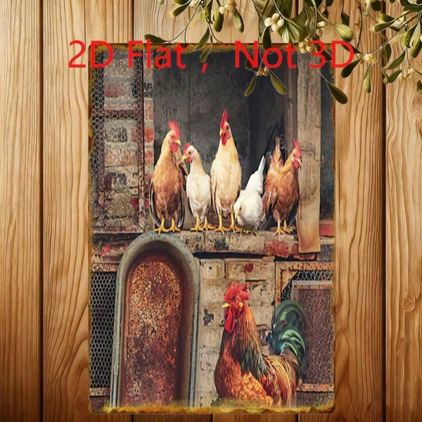 CIFbuy 复古农场鸡2D印花铁皮装饰牌，乡村风农场动物墙饰 8x12英寸（TikTok, temu 自提物流）-5