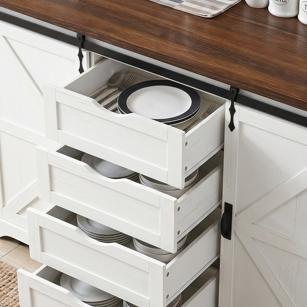 K&K 72" Farmhouse Kitchen Island with Fridge Storage Space & Power Outlet, Rolling Coffee Bar Cabinet on Wheels with 4 Drawers, Sliding Barn Door, Glass Holder, Drop Leaf, Island Kitchen Table, White-30