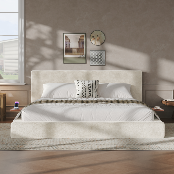 AirFrame King Bed Frame with adjustable Sliding Side Table, 8.7'' Cloud Upholstered Sponge Cushion, Easy Assembly (Off-White).-1