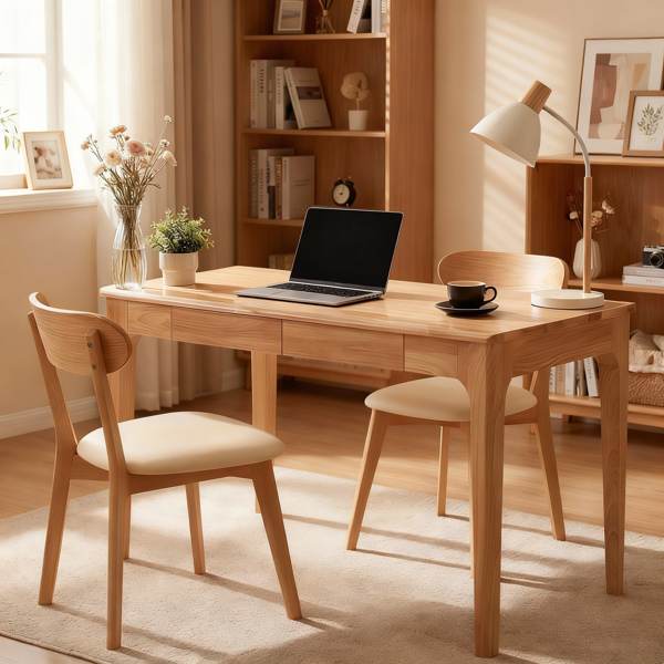 Solid Wood Desk with Drawers, Standing Desk with Smooth Edges, Home Office Desk for Small Spaces, Mid Century Modern Desk for Study, Bedroom, Living Room, Office, (Natural Wood Color)-3