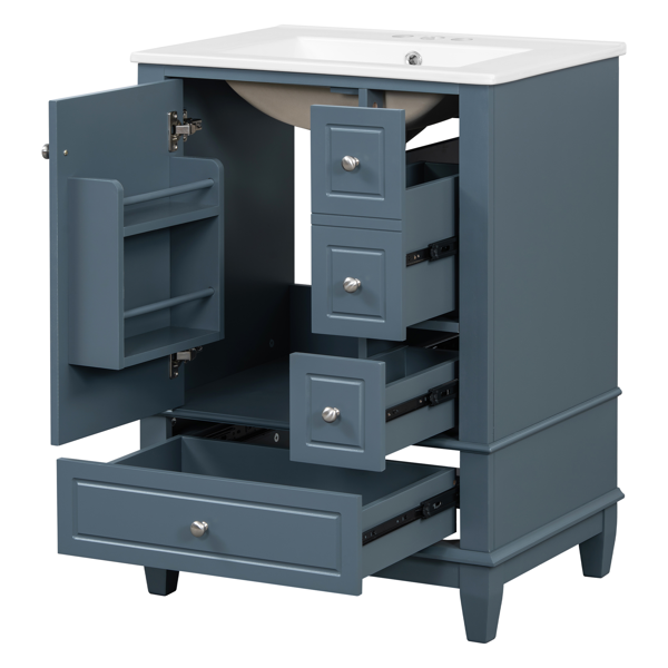 24" Bathroom Vanity with Sink and Drawers, Gray Blue Freestanding Vanity Cabinet with Ceramic Top and Storage Shelves, MDF and Solid Wood Base, Modern Sink Cabinet for Small Bathrooms-20